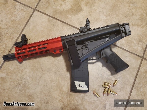 New Bufferless Side Charging AR15 AR9 7" barrel 9mm Pistol Red hand rail SB Tactical Folding brace