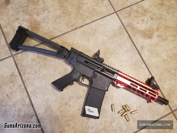 New Bufferless Side Charging AR15 AR9 7" barrel 9mm Pistol Red hand rail SB Tactical Folding brace