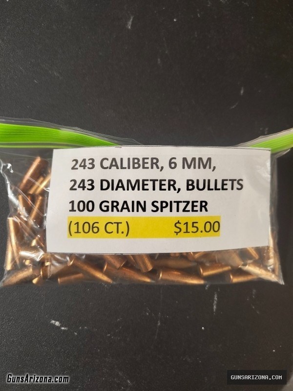 243 CALIBER 6MM 243 DIAMETER, 100 GRAIN SPITZER BULLETS (106 COUNT)