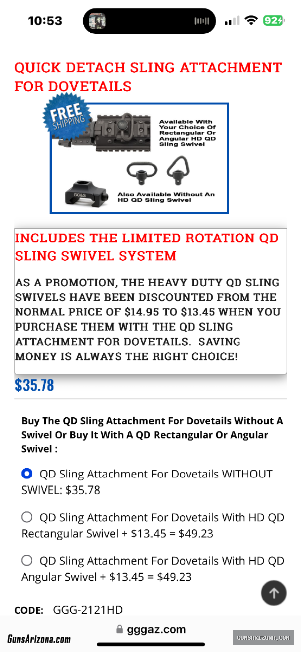 GG&G Quick Detach Sling Attachment for DoveTails