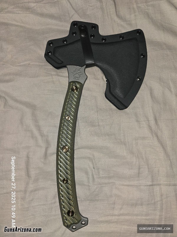RMJ Berserker Axe (new, unused, in box) dirty olive handles, with sheath and straps