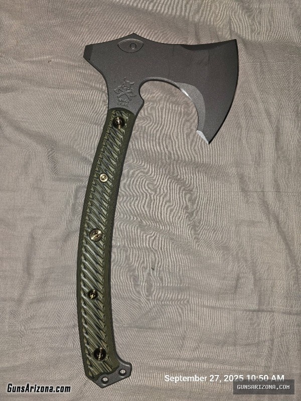 RMJ Berserker Axe (new, unused, in box) dirty olive handles, with sheath and straps