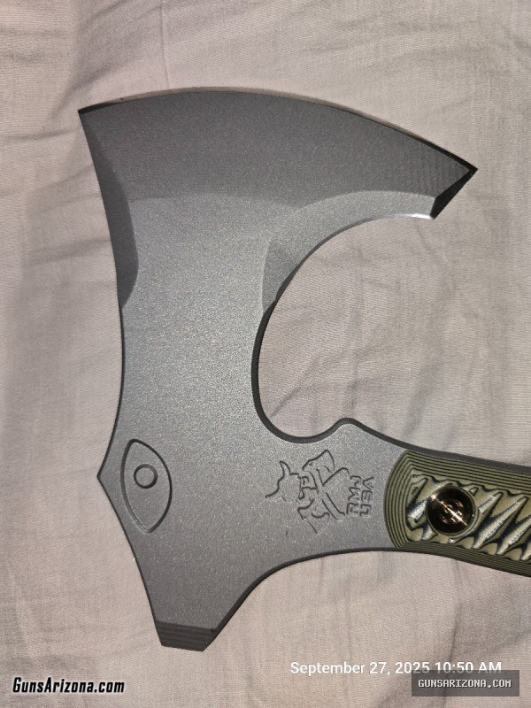 RMJ Berserker Axe (new, unused, in box) dirty olive handles, with sheath and straps