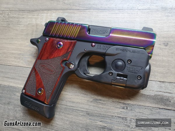 Sig Sauer P238 -380-RBT w Rainbow Blue Ti, Nite Sights, TLR-6 Laser, Kydex holster, LNIB
