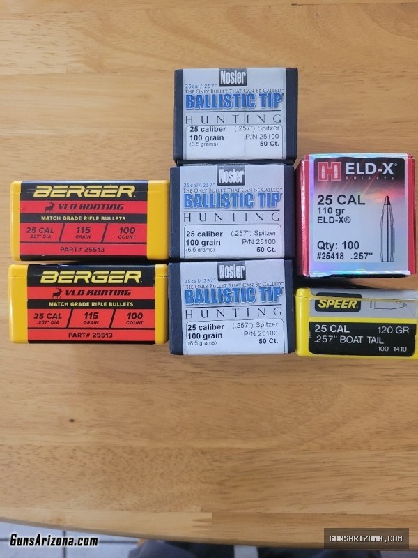 25 Caliber bullets, brass, and dies