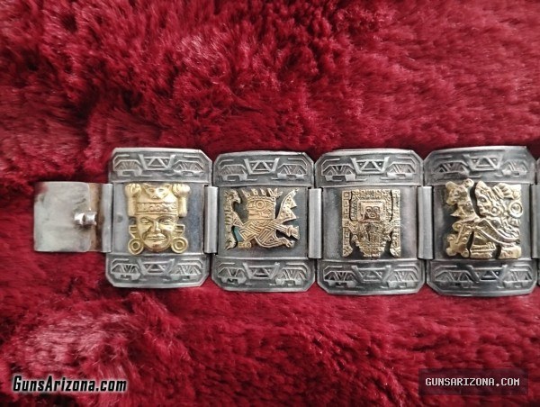 Vintage Sterling Silver 18k Gold Peruvian Figural Panel Bracelet HEAVY