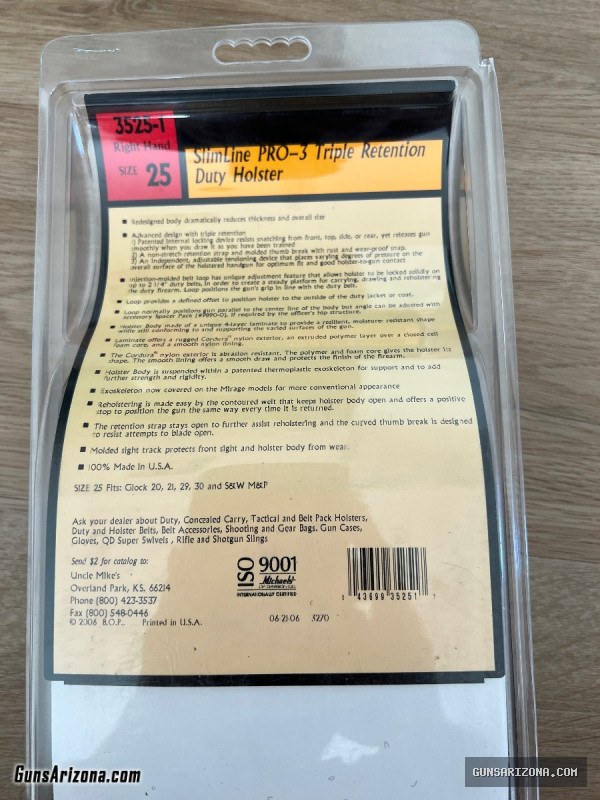 Uncle Mike’s Slim Line Pro-3 Triple Retention Holster Size 25