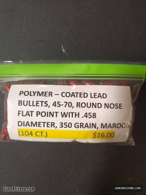 POLYMER COATED LED, 45-70, FLAT POINT WITH .458 DIAMETER, 350 GRAIN MAROON (104 COUNT)