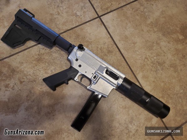 New Bufferless Side Charging AR15 AR9 7" barrel 9mm Pistol Red hand rail SB Tactical Folding brace