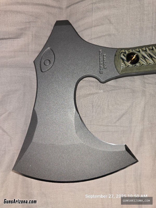 RMJ Berserker Axe (new, unused, in box) dirty olive handles, with sheath and straps