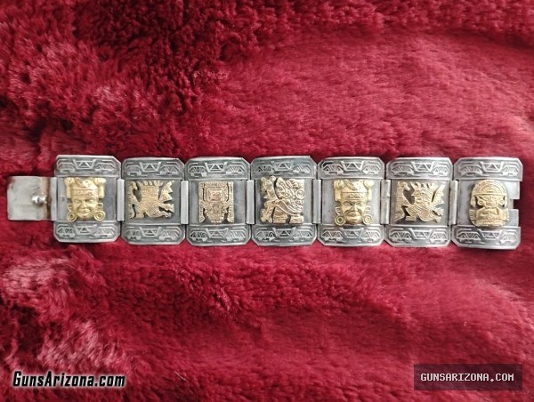 Vintage Sterling Silver 18k Gold Peruvian Figural Panel Bracelet HEAVY
