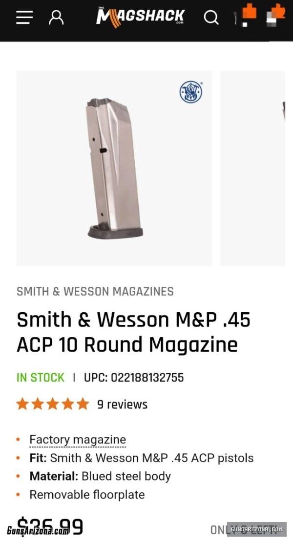 For Sale; Smith & Wesson M&P .45 high capacity magazines (4)