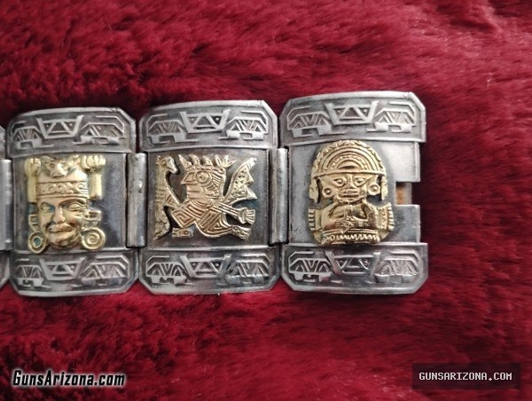 Vintage Sterling Silver 18k Gold Peruvian Figural Panel Bracelet HEAVY