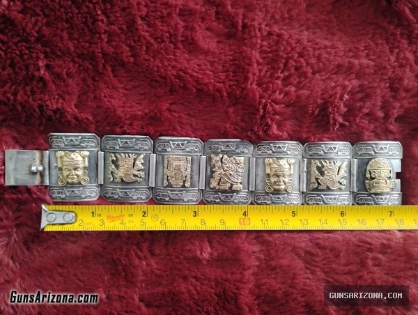 Vintage Sterling Silver 18k Gold Peruvian Figural Panel Bracelet HEAVY