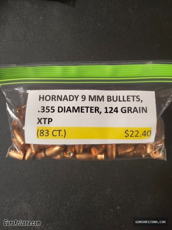 HORNADY 9MM BULLETS, .355 DIAMETER, 124 GRAIN XTP (83 COUNT)