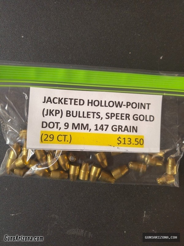 JACKETED HOLLOW POINT SPEER GOLD 9MM BULLETS, 147 GRAIN (29 COUNT)