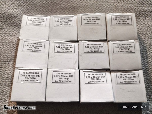180 ROUNDS 7.62 X 39 M67 BRASS CASE 123 GR. BALL AMMO PPU
